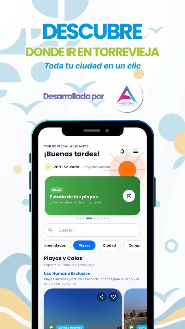 Werbebild der App Donde ir en Torrevieja: ein Handy mit dem Startbildschirm der App und dem Bereich Strände und Buchten.